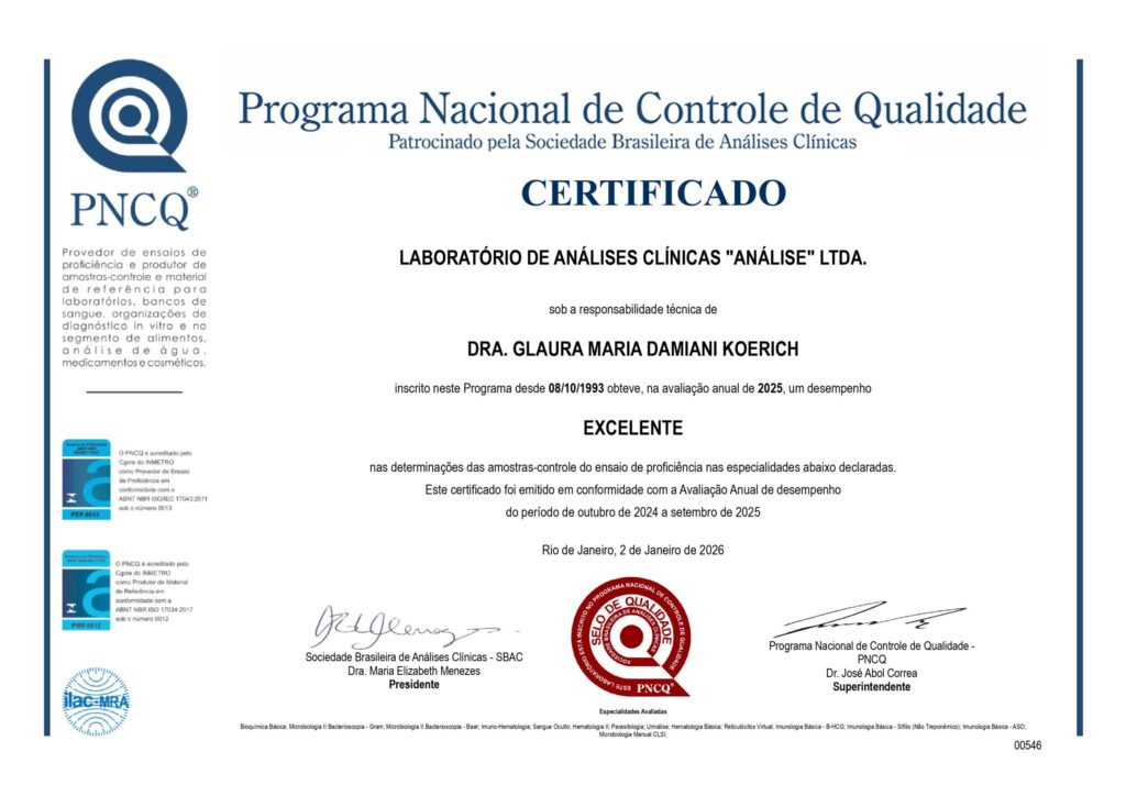 Certificado do Programa Nacional de Controle de Qualidade (PNCQ) com desempenho Excelente na avaliação de 2025