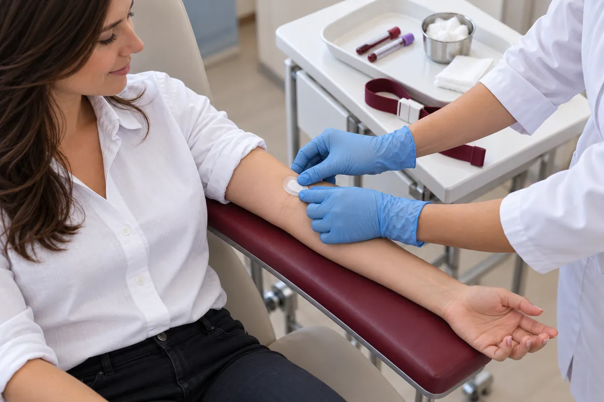 Profissional colocando o curativo após a coleta de sangue